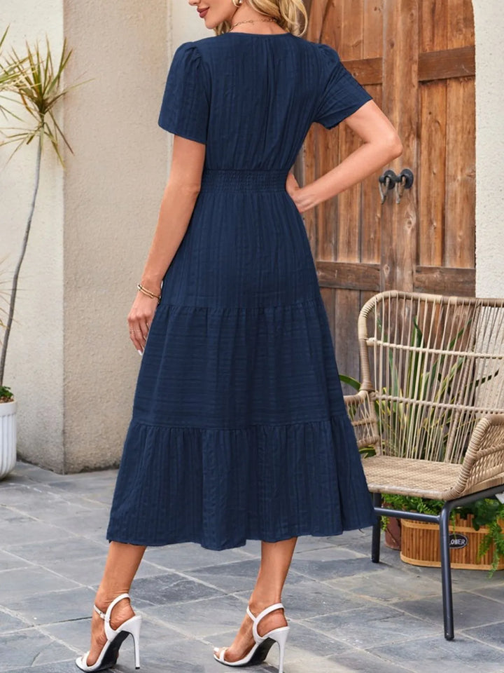 Tiered notched neck short sleeve midi dress with pockets