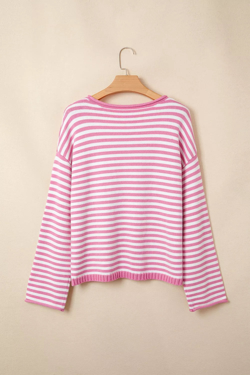 Striped drop shoulder henley sweater with button placket