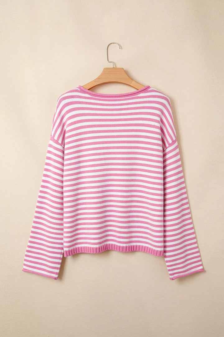 Striped drop shoulder henley sweater with button placket