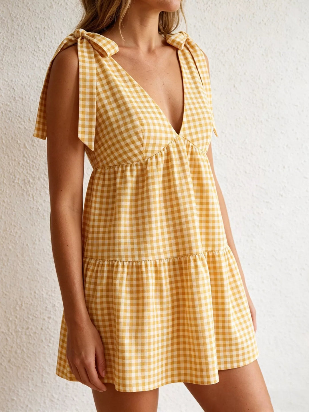 Gingham tie-shoulder babydoll mini dress