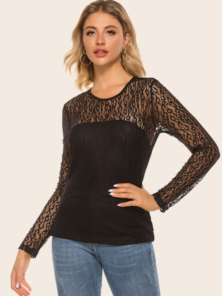 Black Leopard lace long sleeve top with sheer yoke