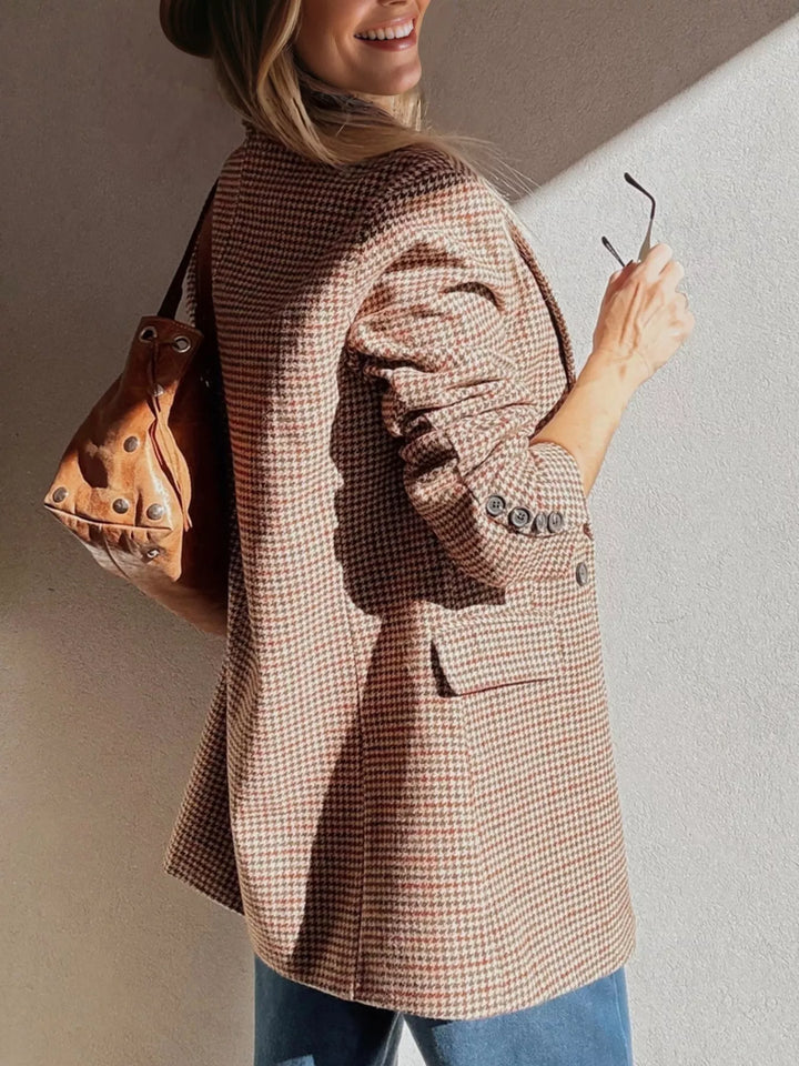 Houndstooth notched lapel longline blazer with buttons
