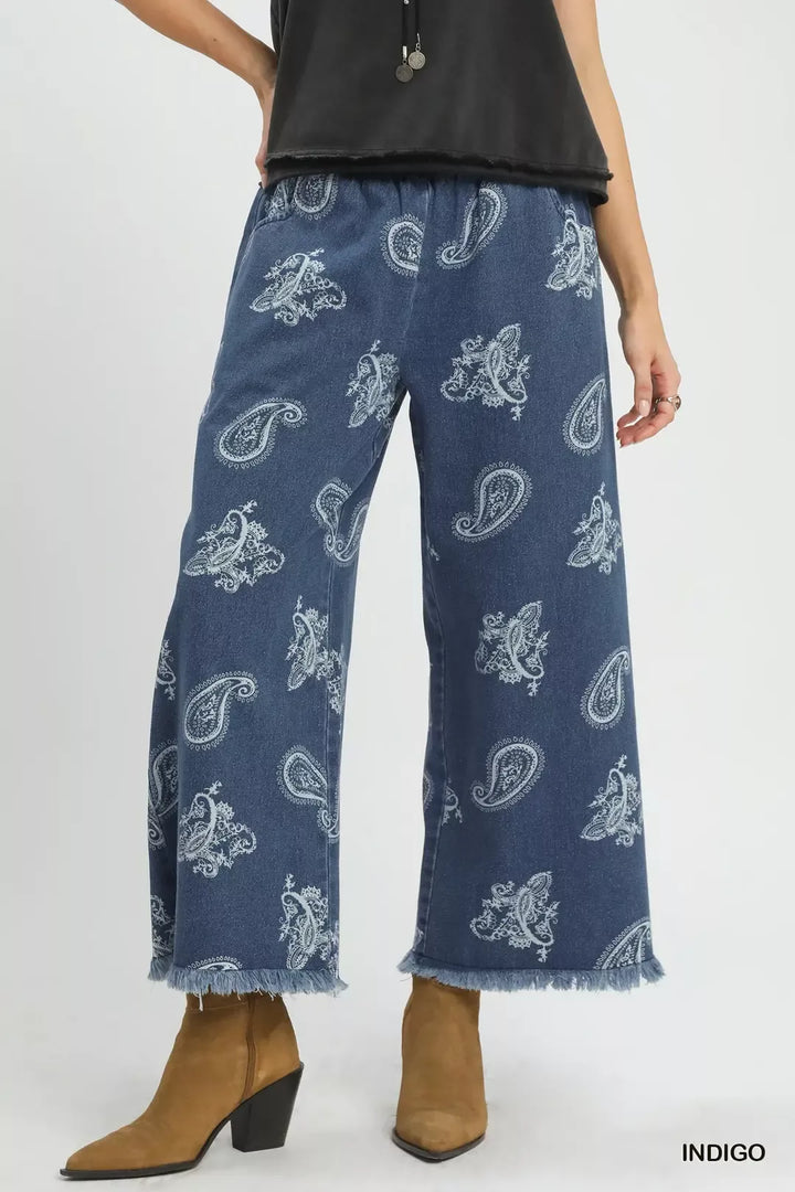 INDIGO Paisley print wide-leg denim pants with frayed hem
