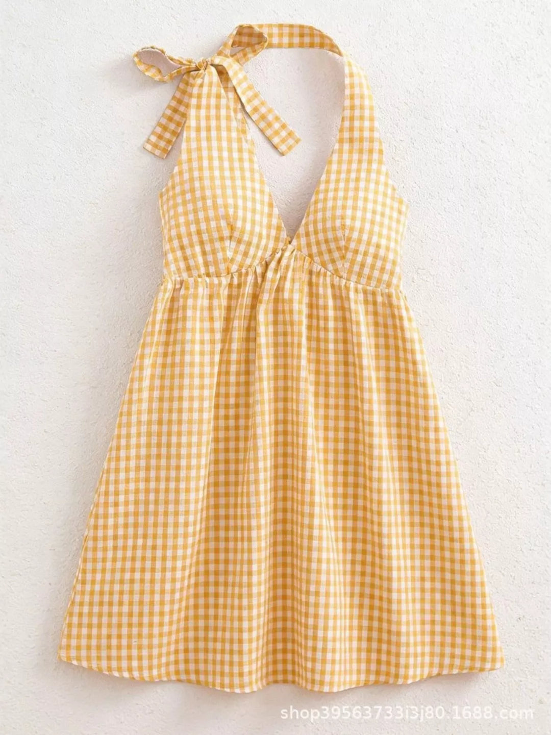 Gingham tie-shoulder babydoll mini dress