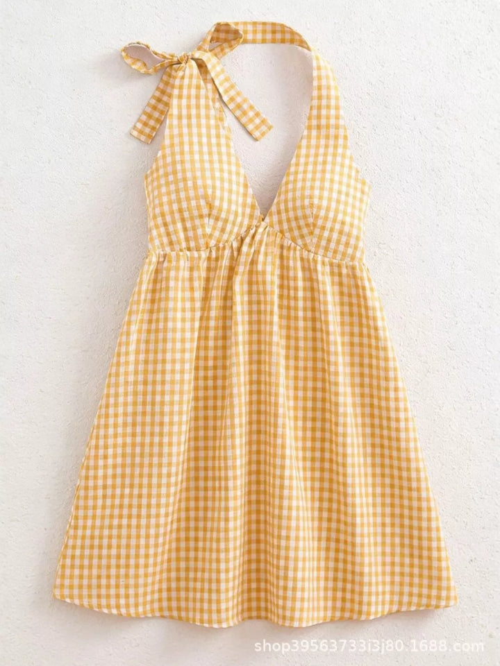 Gingham tie-shoulder babydoll mini dress