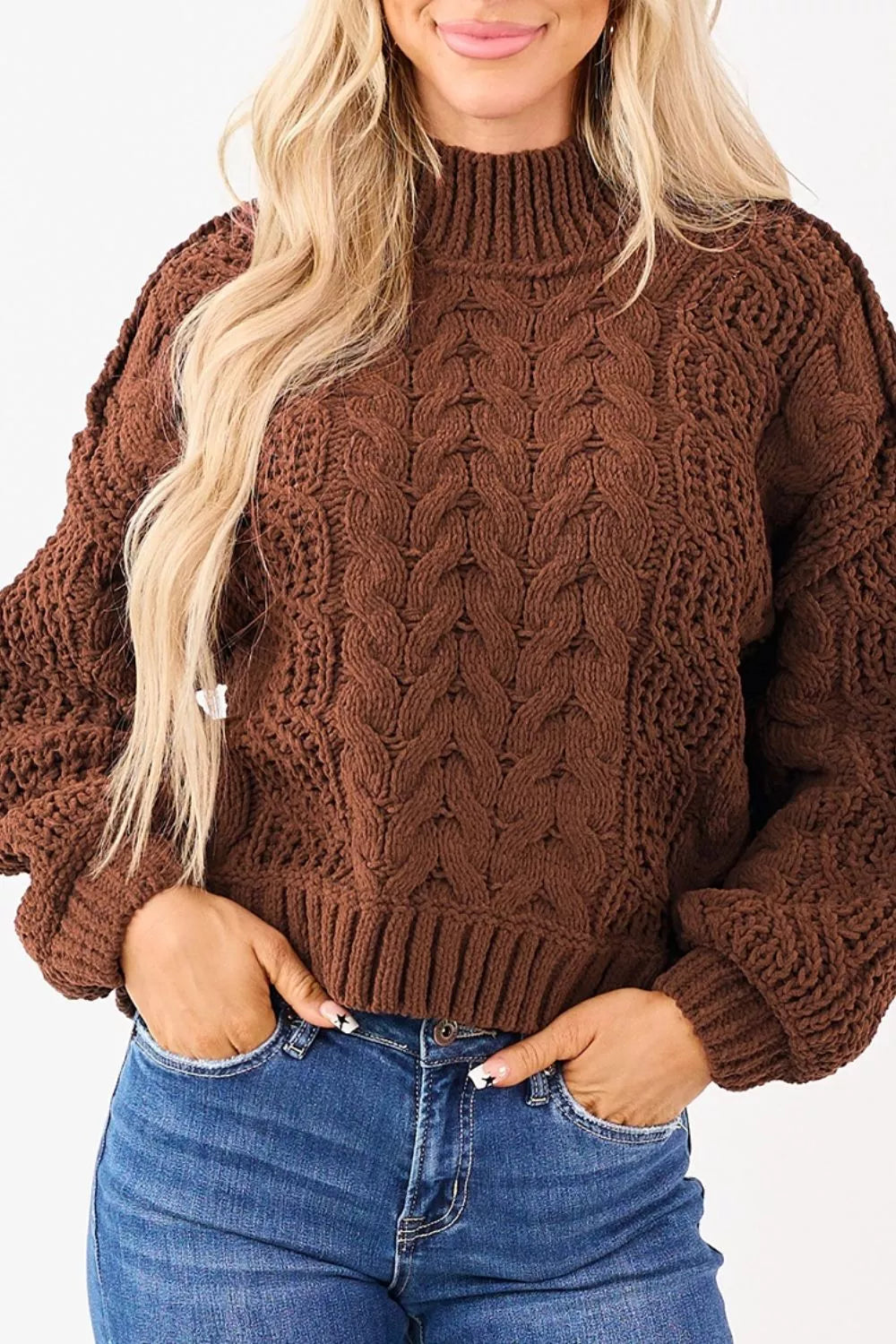 Cable knit mock neck sweater with balloon sleeves