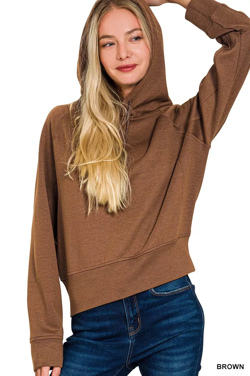 Drawstring scuba knit pullover hoodie with banded hem