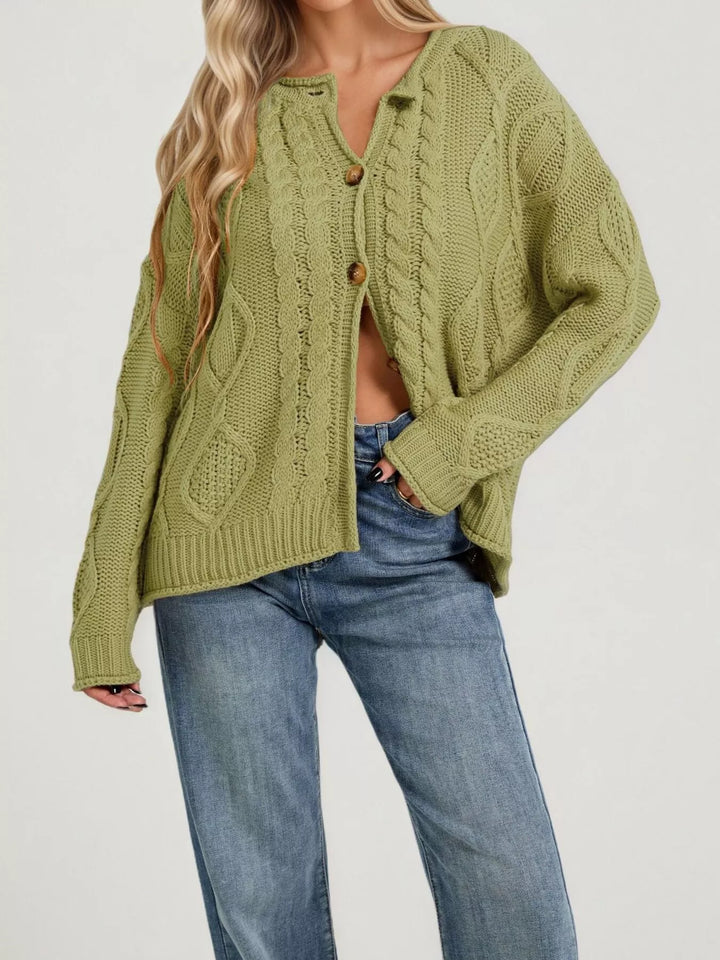 Green Cable-knit button-down cardigan with ribbed trim