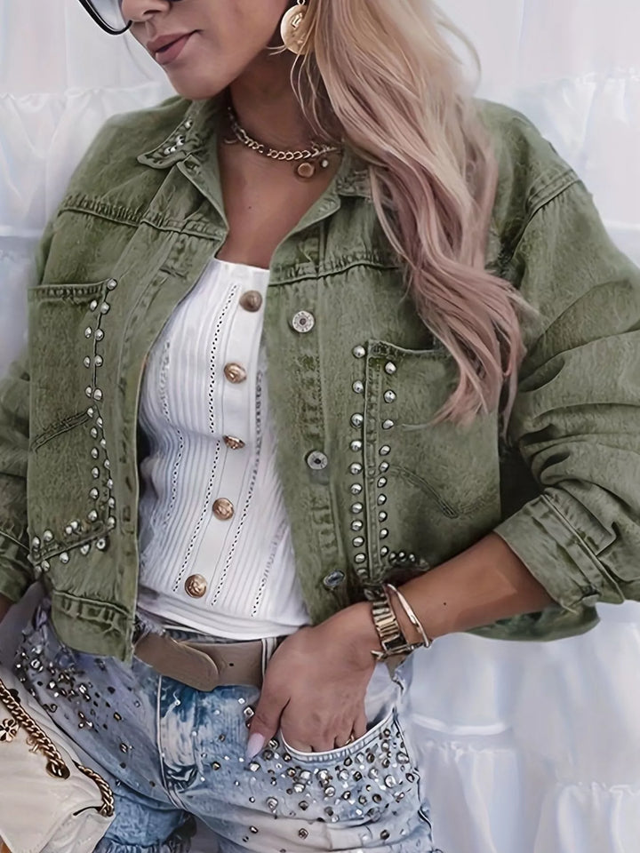 Studded cropped denim jacket with button front