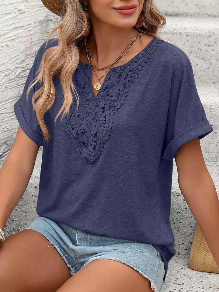 Lace-trim V-neck short sleeve top with rolled cuffs