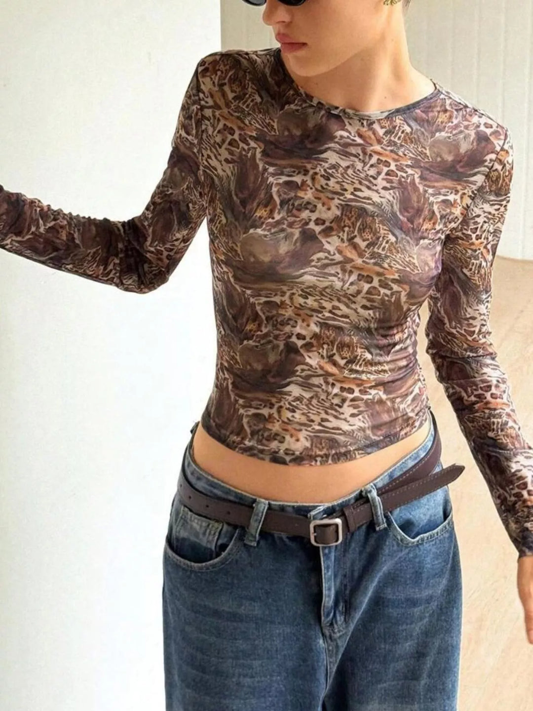 Leopard print sheer mesh long sleeve crew neck top