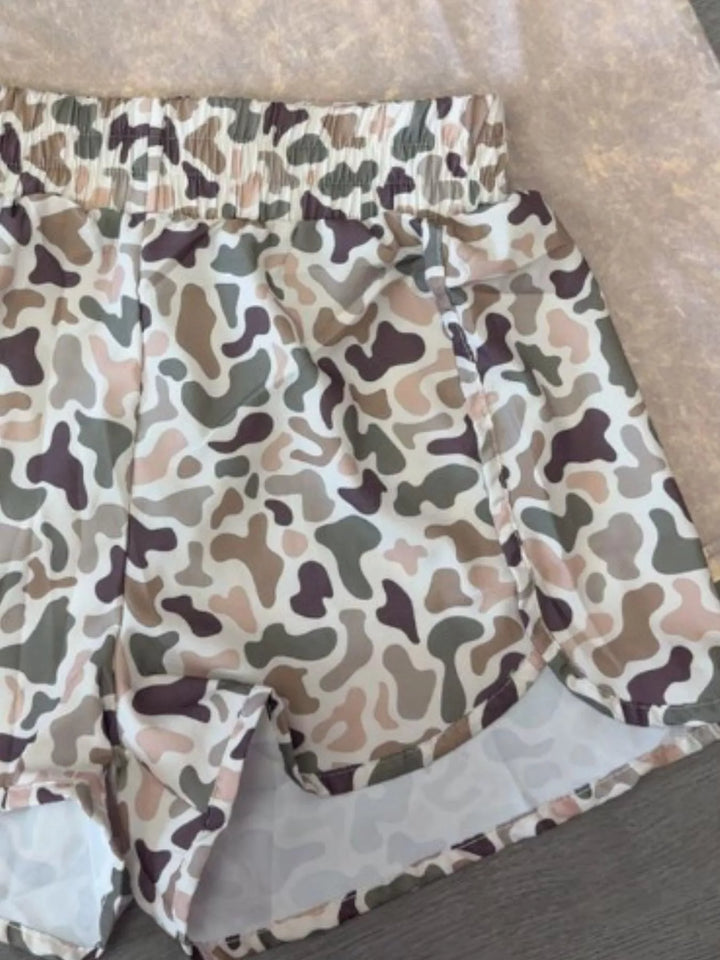 Camo print flowy running shorts with elastic waist