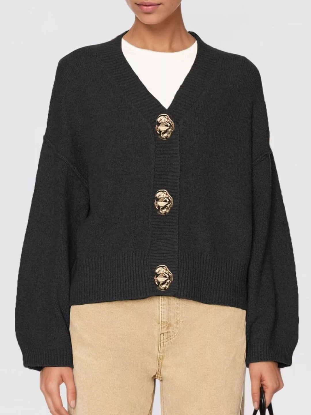 Black Gold button V-neck knit cardigan with drop shoulders