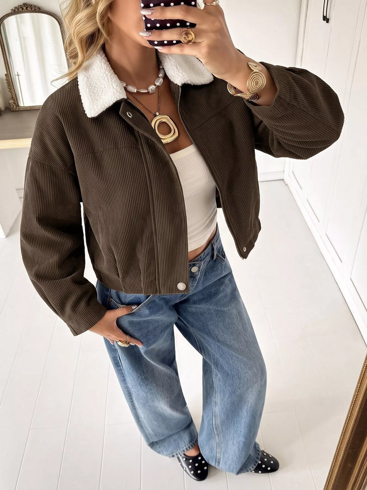 Corduroy zip-up jacket with sherpa collar and snap placket