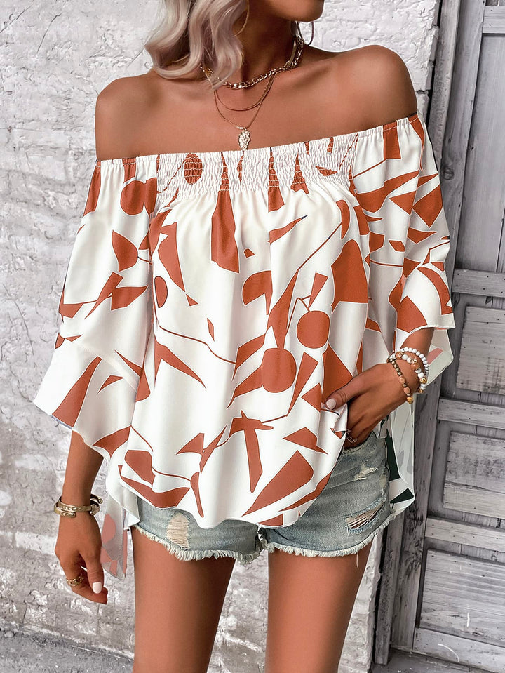 Geometric print off-shoulder bell sleeve blouse