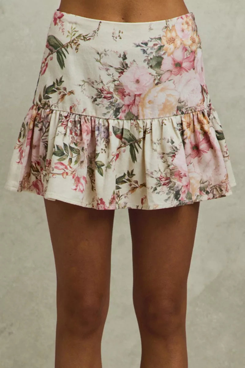 Floral print fit-and-flare mini skirt with ruffle hem