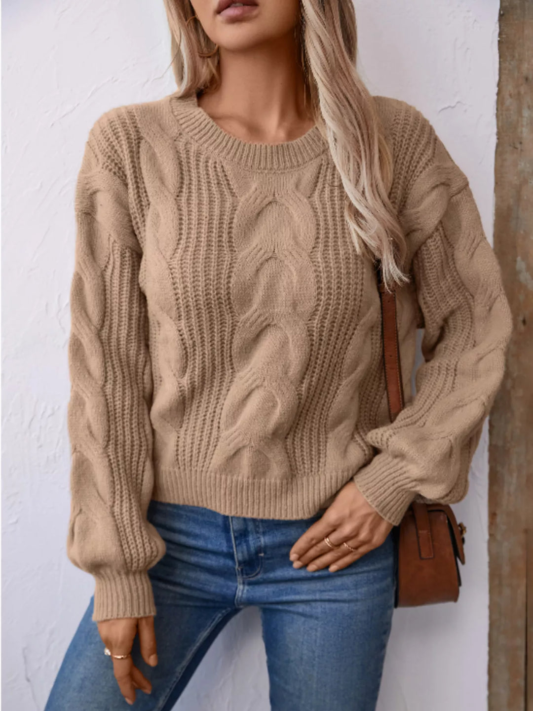 Cable knit crew neck pullover sweater with balloon sleeves