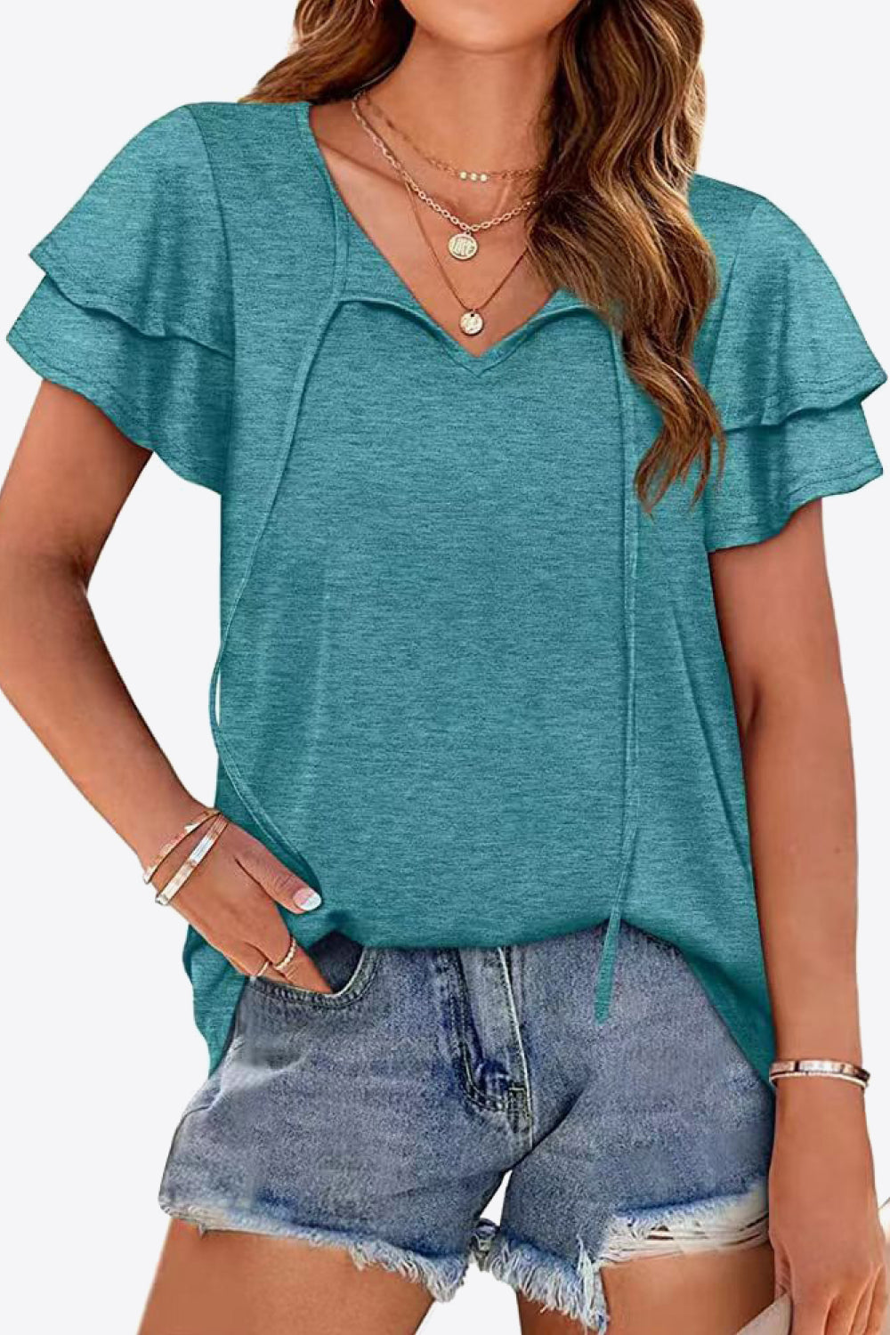 Air Force Blue Tiered flutter sleeve blouse with split tie neck