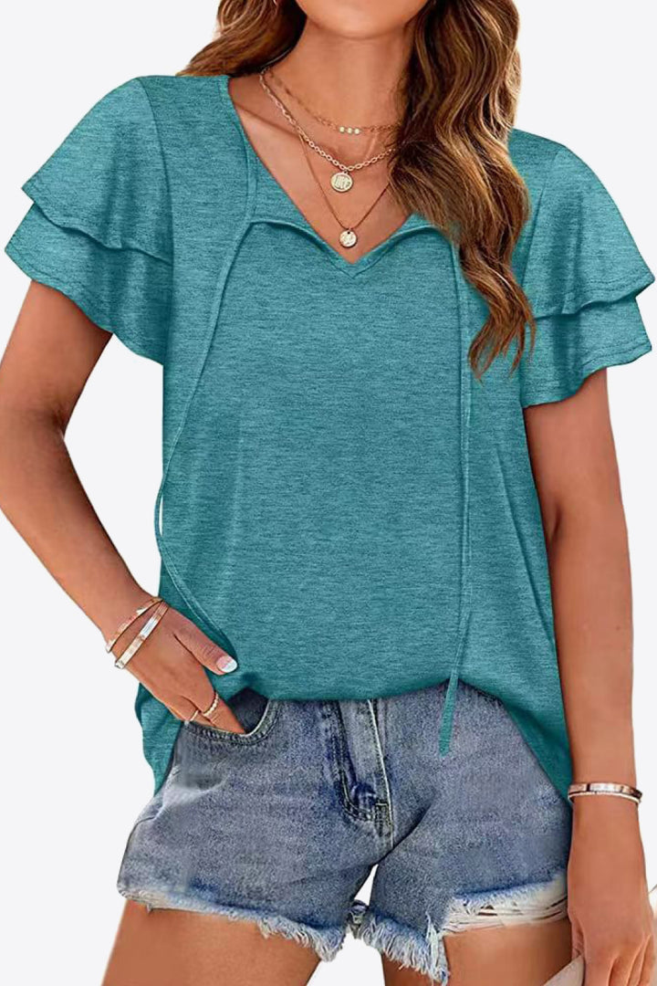 Air Force Blue Tiered flutter sleeve blouse with split tie neck
