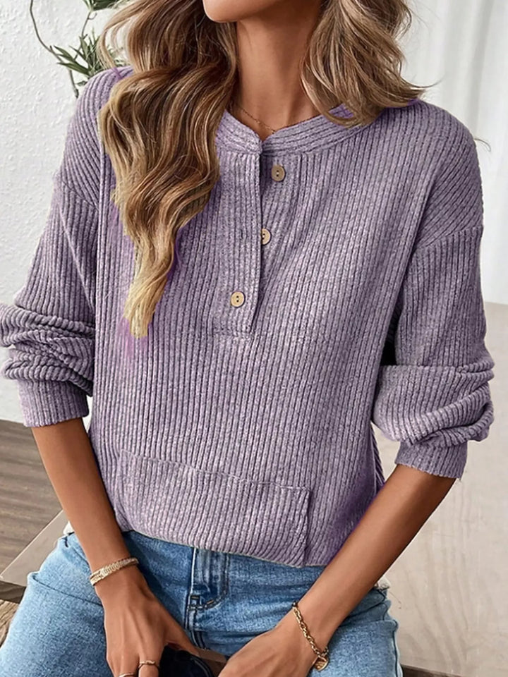 Ribbed knit long sleeve henley top with button placket