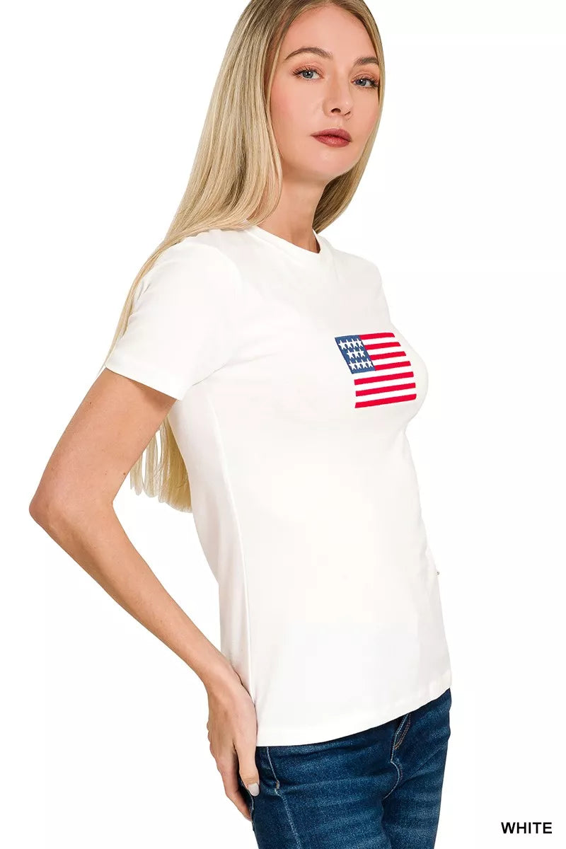 Embroidered American flag graphic crew neck tee