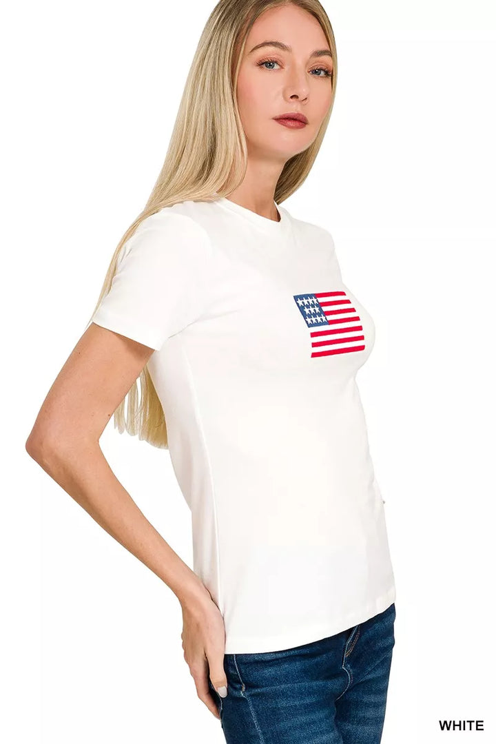 Embroidered American flag graphic crew neck tee