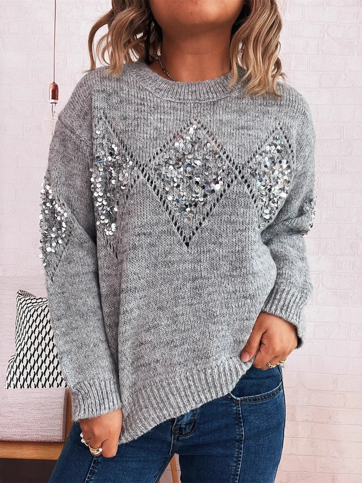 Gray Sequined diamond pointelle knit oversized sweater