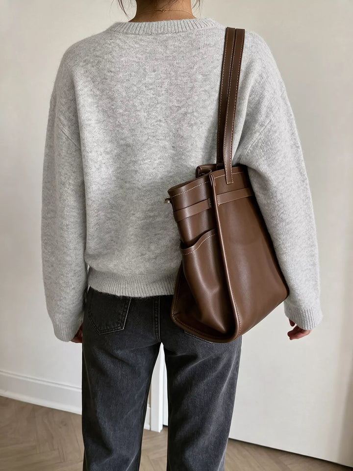 Brushed knit button-down cardigan with ribbed crew neck