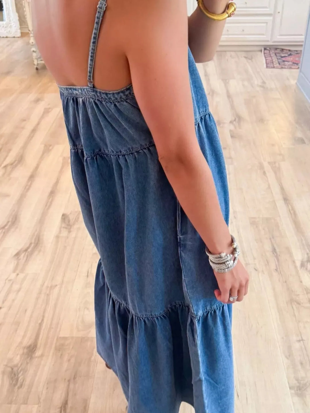 Spaghetti strap tiered ruffle hem denim midi dress