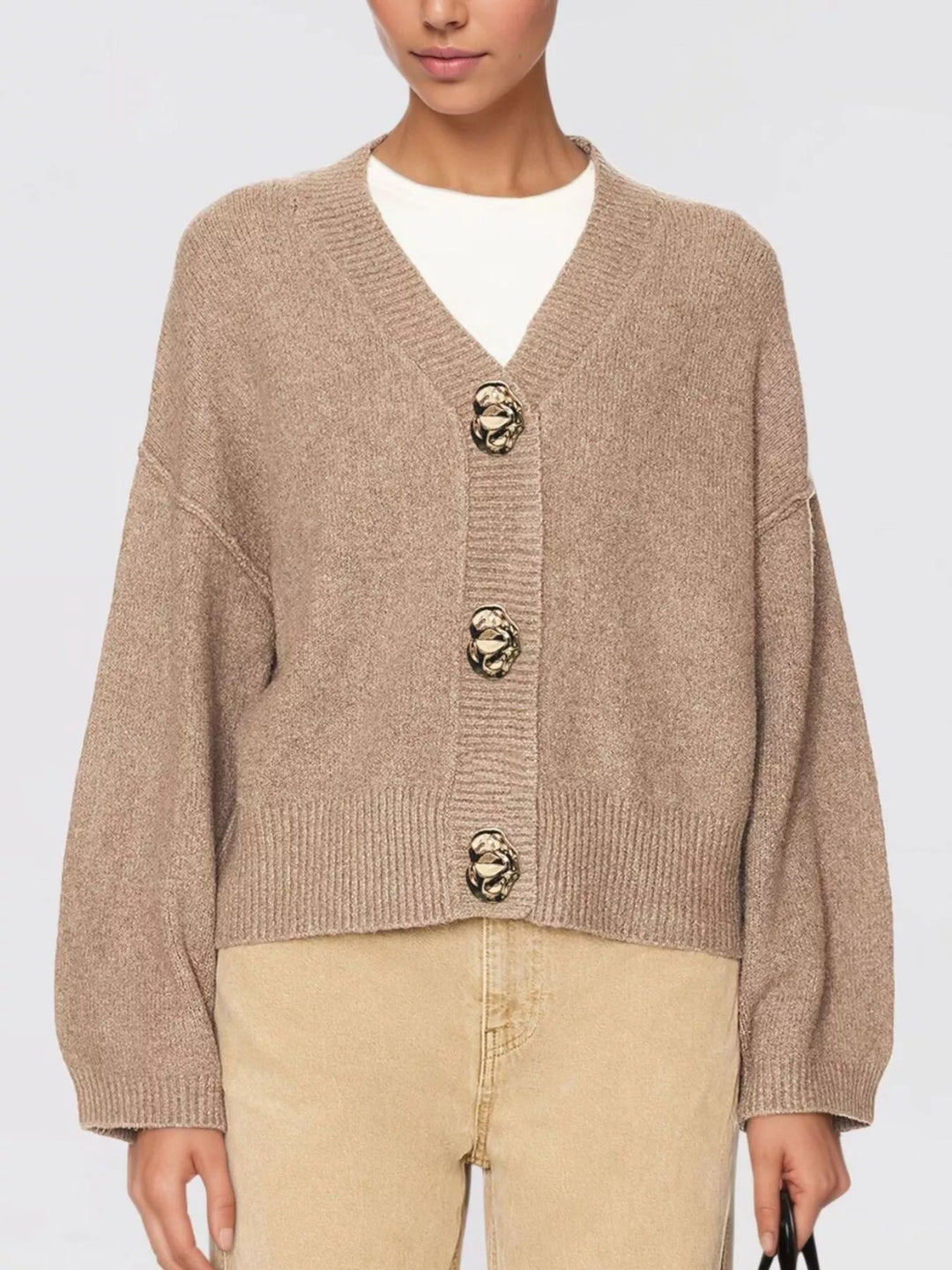 Khaki Gold button V-neck knit cardigan with drop shoulders