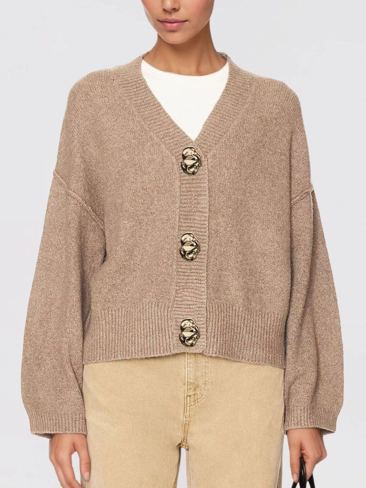 Khaki Gold button V-neck knit cardigan with drop shoulders
