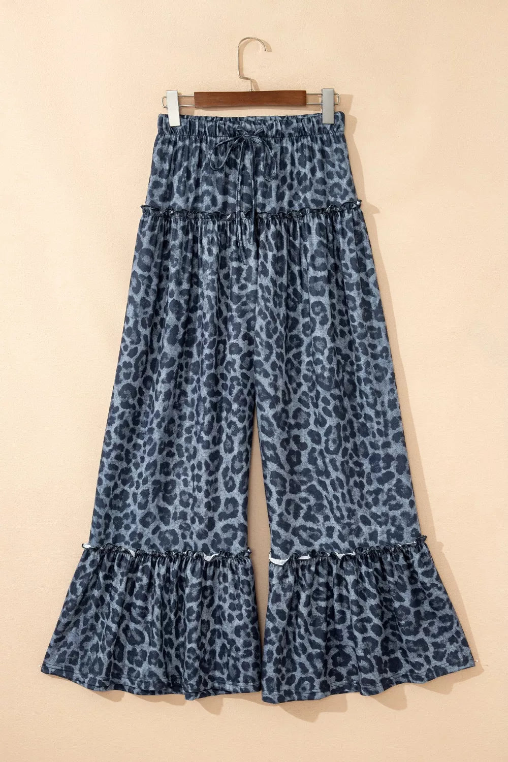 Tiered ruffle leopard wide-leg pants with drawstring waist