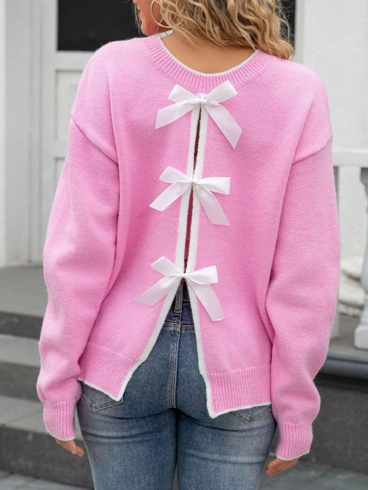 Pink Bow-back knit sweater with ribbon ties and round neck