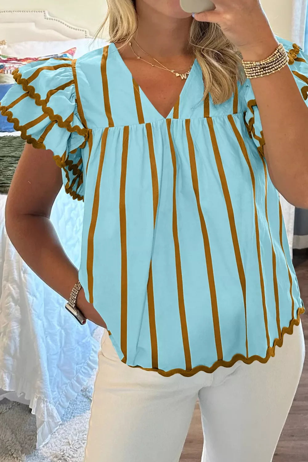 Striped ricrac-trim double-ruffle v-neck blouse