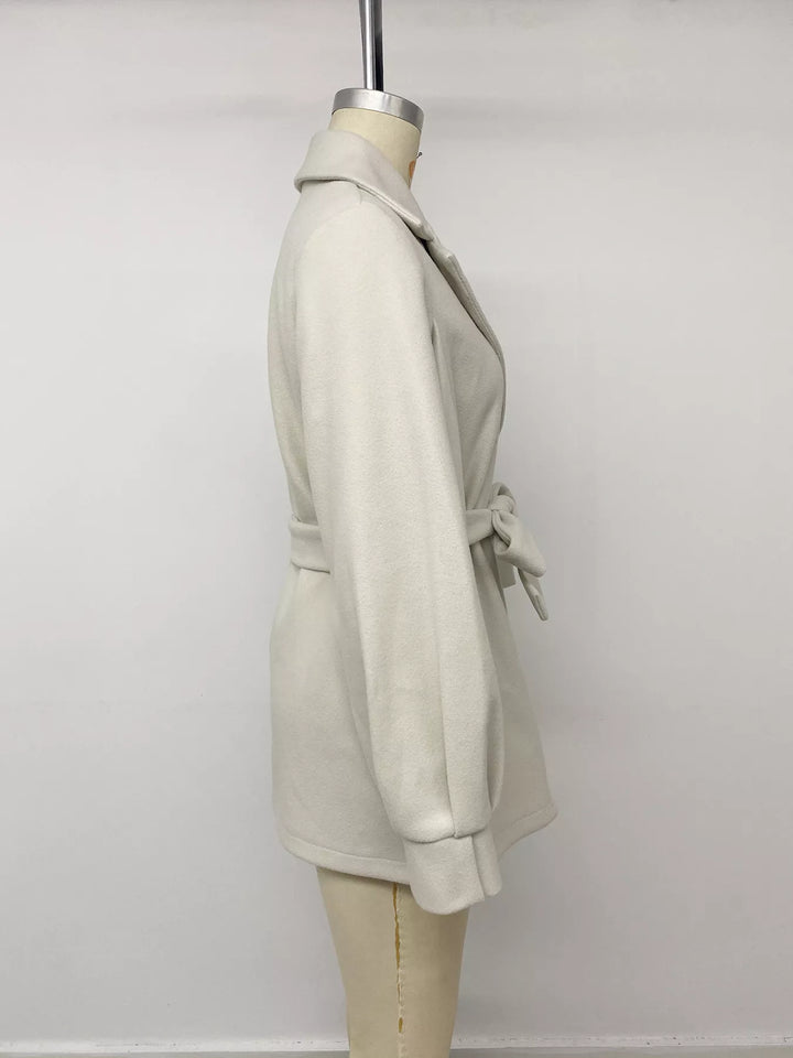 Belted notch lapel short coat with flap pockets