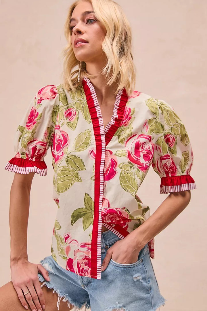 Floral rose cotton blouse with contrast trim and ruffle cuffs