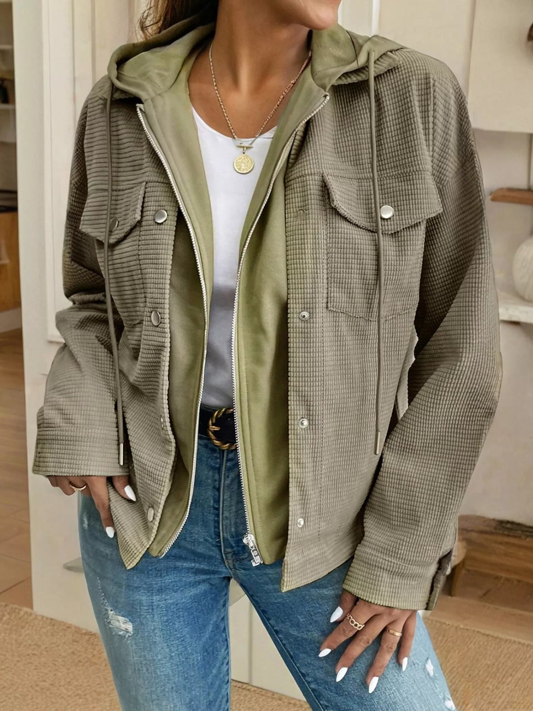 Waffle knit hooded jacket with snap front and flap pockets