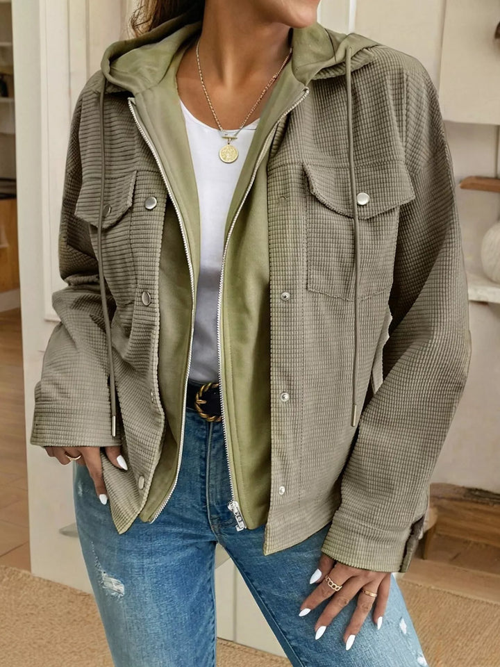 Waffle knit hooded jacket with snap front and flap pockets
