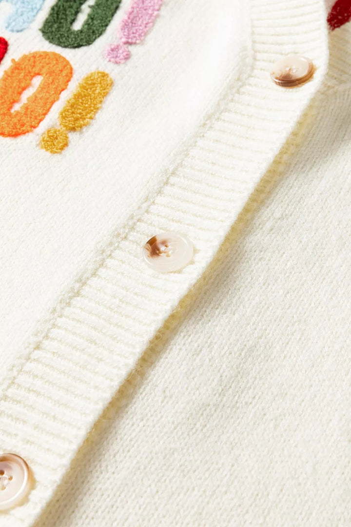 Ho Ho Ho chenille letter button-up knit cardigan
