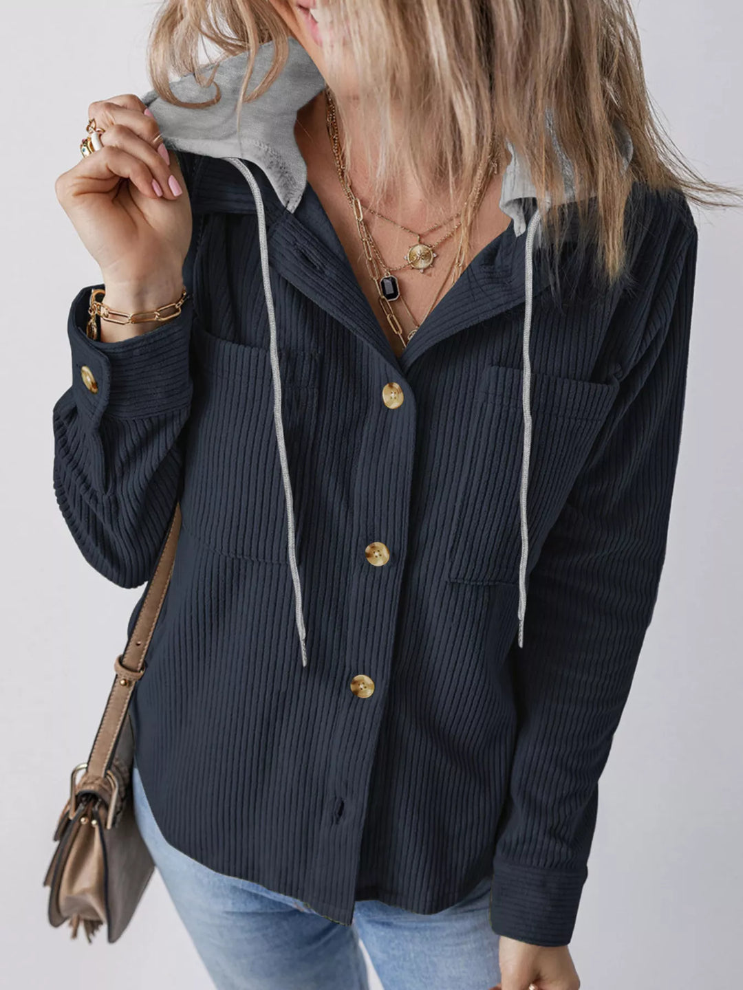 Dark Navy Ribbed corduroy hooded jacket with drawstring and pockets