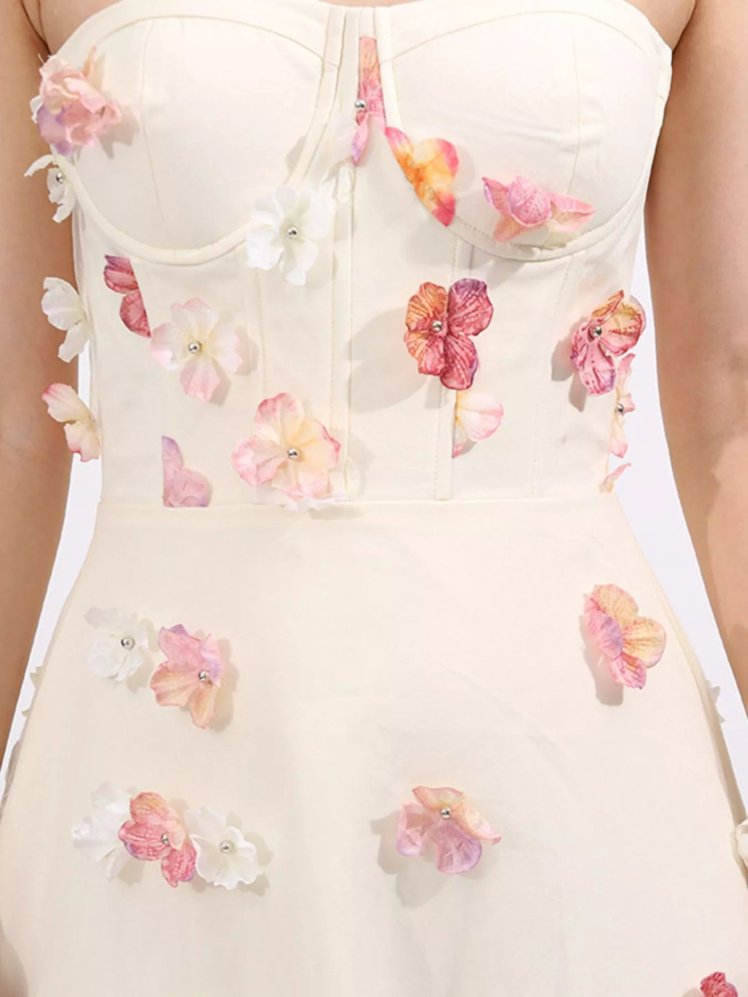 Strapless tulle maxi dress with 3D floral appliques