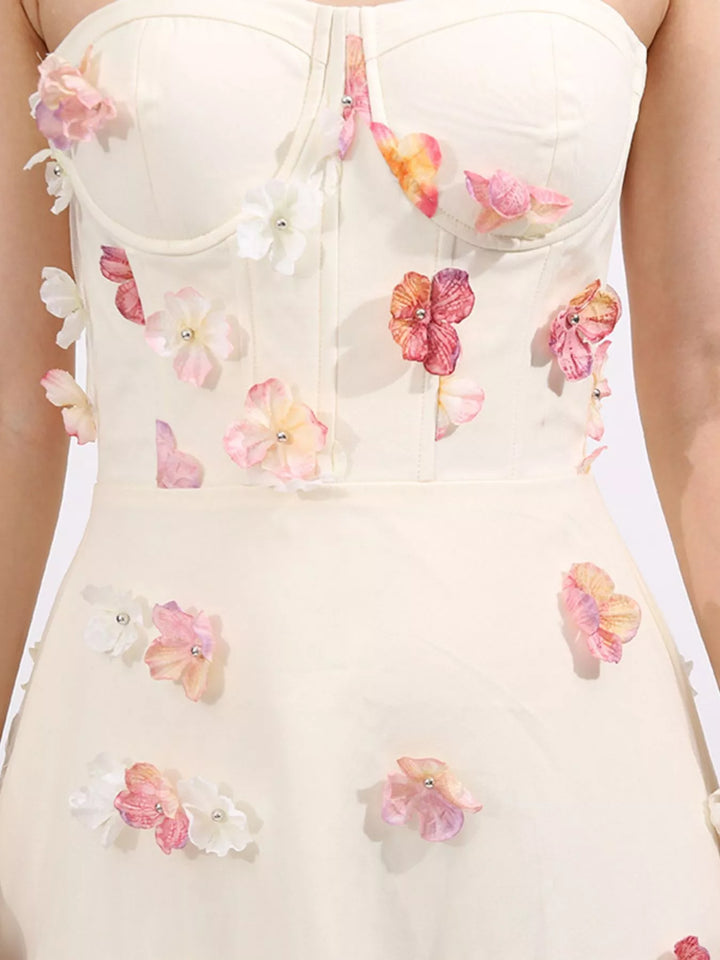 Strapless tulle maxi dress with 3D floral appliques