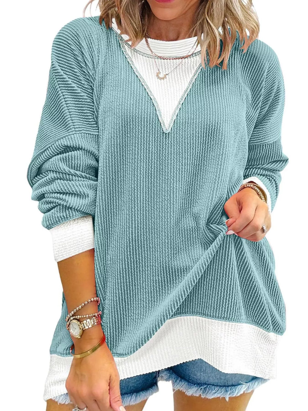 Pastel  Blue Contrast-trim ribbed dropped-shoulder sweatshirt