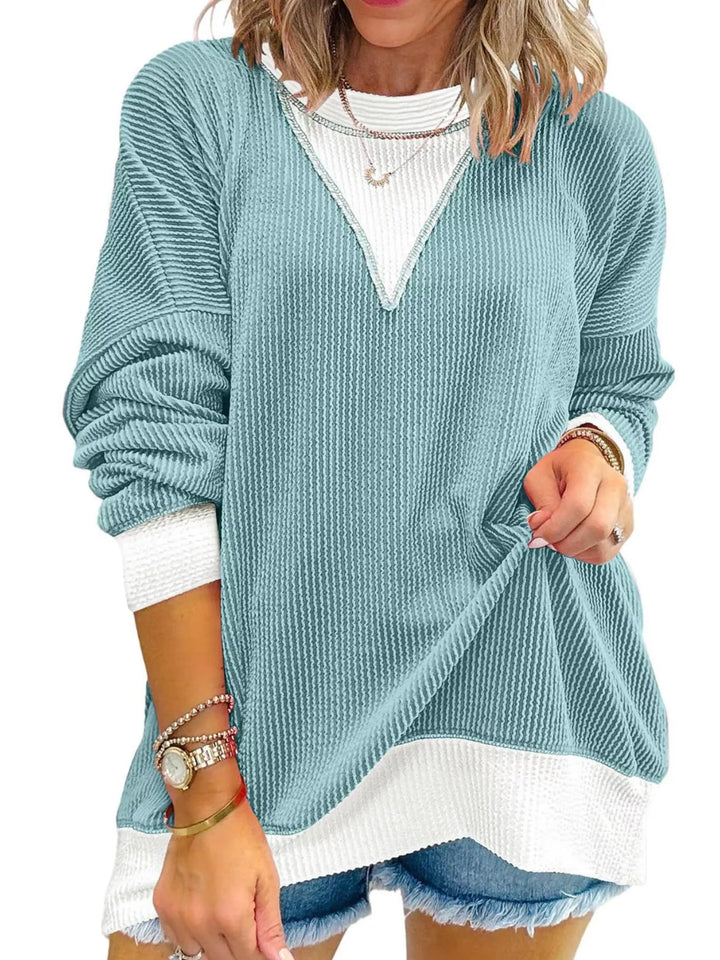 Pastel  Blue Contrast-trim ribbed dropped-shoulder sweatshirt