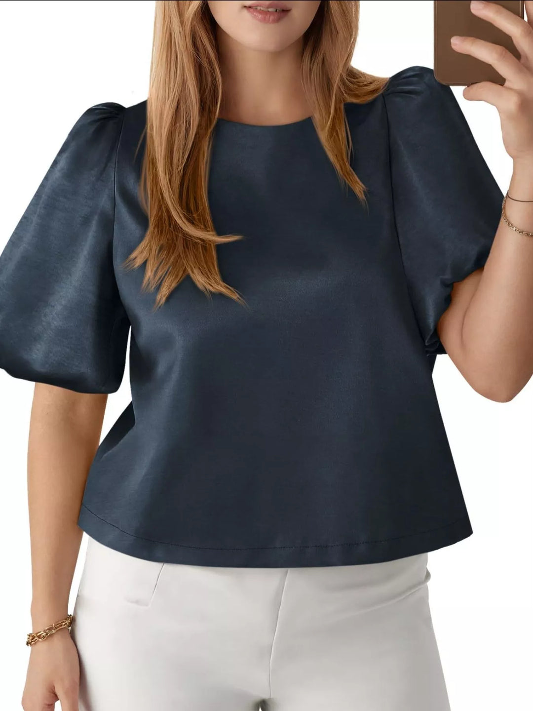 Navy Blue Short puff sleeve satin top with round neck