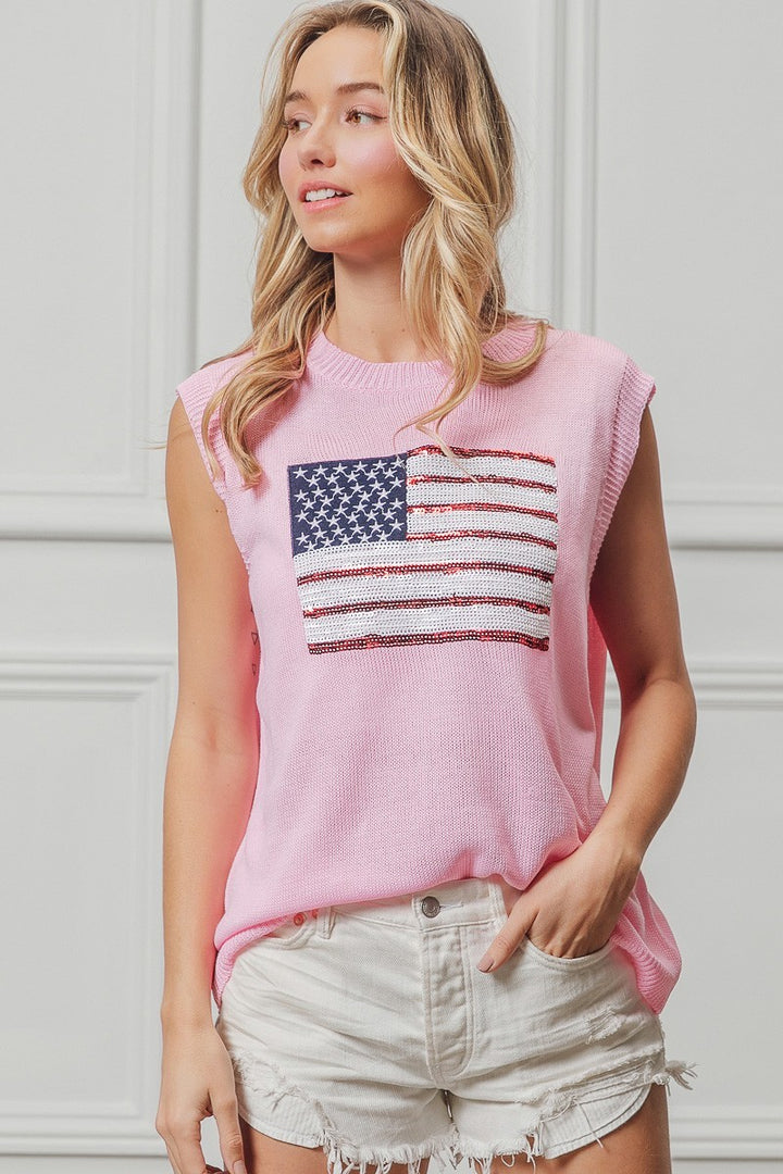PINK Sleeveless knit sweater vest with sequin American flag patch