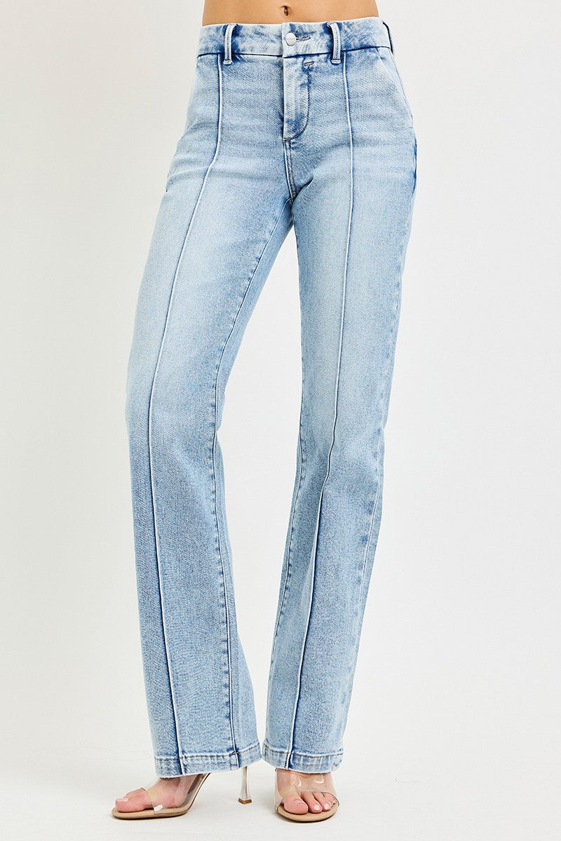 Pin tuck high rise straight leg jeans with tummy control