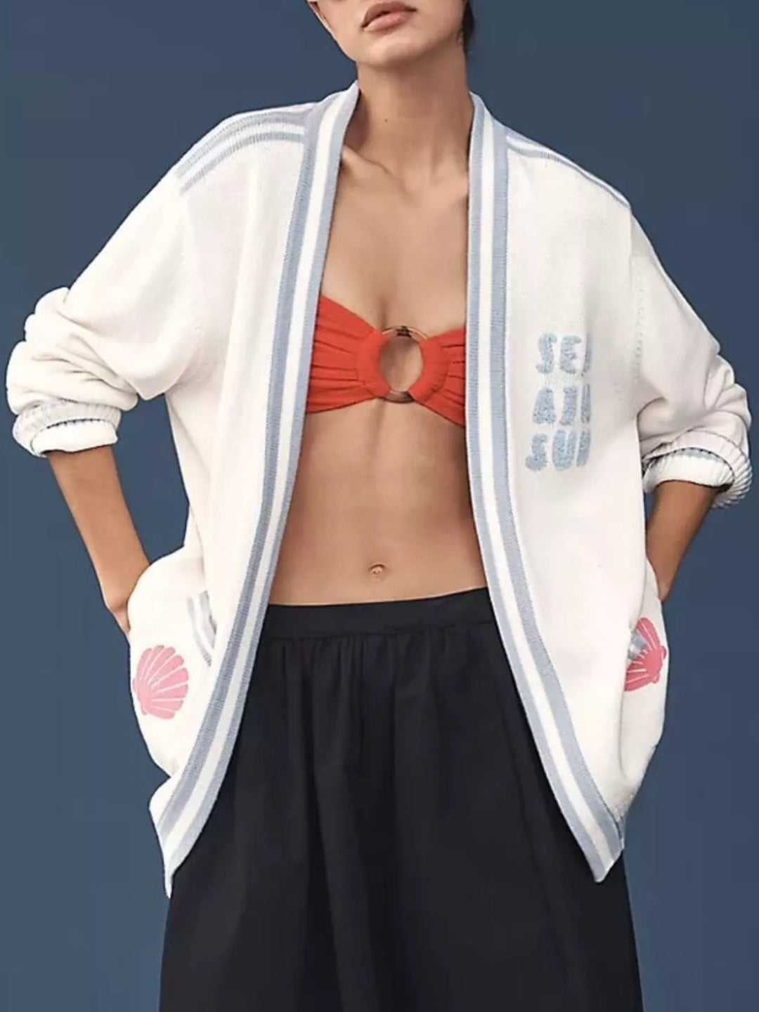 Seashell embroidered open-front cardigan with striped trim