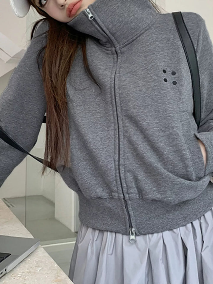 Cropped stand-collar zip-up jacket with two-way zipper