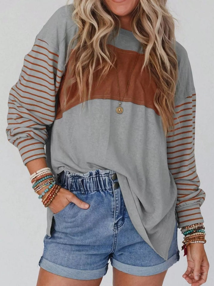 Color block striped long sleeve crew neck top